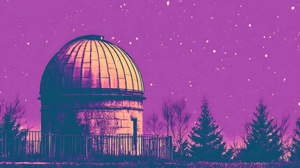 Obraz premium Astronomical observatory dome under a starry night sky with purple hues and surrounding trees