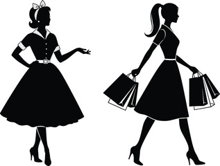 Silhouette women in vintage dresses shopping and posing, black vector illustration for fashion, lifestyle, retro, and elegance themes