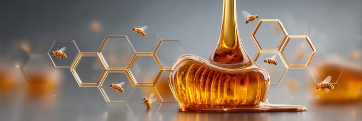 Digital abstract of honey, bees, and honeycomb, symbolizing sweetness, nature, and pollination for eco-friendly or organic marketing concepts