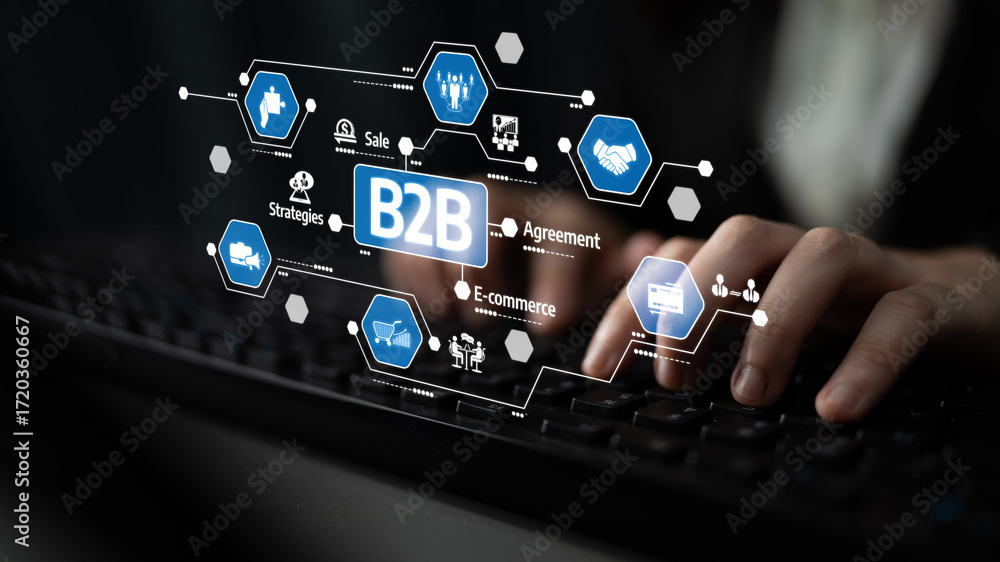 Poster a close-up image of hands typing on a keyboard surrounded by digital icons depicting b2b e-commerce 