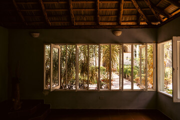 Bright and Inviting Indoor Space with Large Windows Surrounded by Lush Greenery