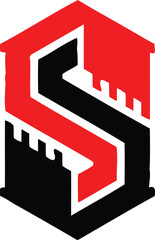 Stylized Letter S Logo with Fortress Motif in Red and Black