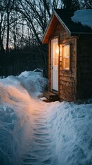 Set in a tranquil winter landscape, a cozy cabin radiates inviting warmth, with a snow-lined path leading to comfort and shelter, offering a perfect retreat where tranquility and snugness create an