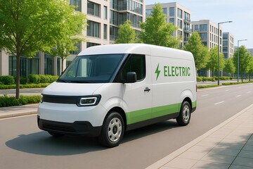Fototapeta premium Electric delivery van on clean eco-friendly city street