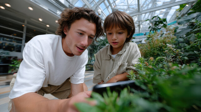 A father and his young son are captivated by a smartphone while surrounded by lush greenery, demonstrating the blend of technology and nature in an educational context. - Powered by Adobe