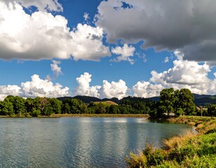 Scenic lake vista under a partly cloudy sky