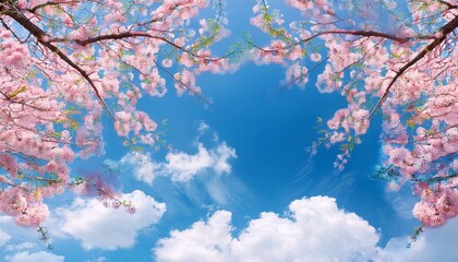 Obraz premium seamless cherry blossom branches with pink sakura flowers on blue sky and white clouds background in spring nature outdoors seamless blue sky