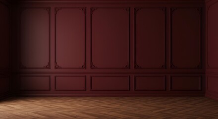 Classic luxury dark red empty interior with wall molding panels and wooden floor. Modern maroon background. 3d render