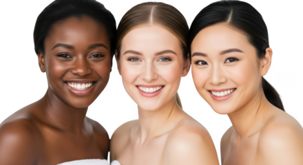 Three diverse women with beautiful skin smiling together, isolated on transparent background