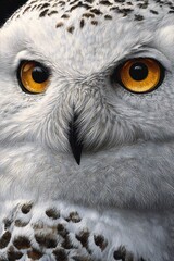Hyper realistic close up of snowy owl with golden eyes crisp white feathers highlighted in fine detail lifelike wildlife portrait