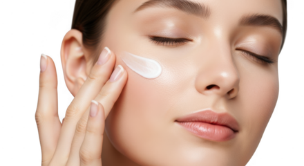 A woman applies a smooth white cream to her cheek, highlighting skincare and beauty isolated on transparent background