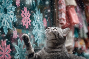 A grey cat touches snowflakes on a window with its paw.