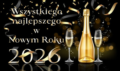 kartka lub baner z życzeniami szczęśliwego Nowego Roku 2026 w kolorze złotym z butelką i dwoma kieliszkami do szampana na czarnym tle z rozmytymi okręgami i serpentynami © emmanuel