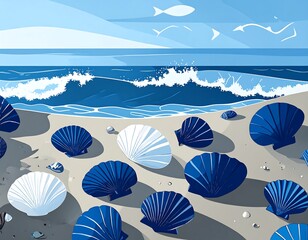 Seashells on sandy beach, ocean waves