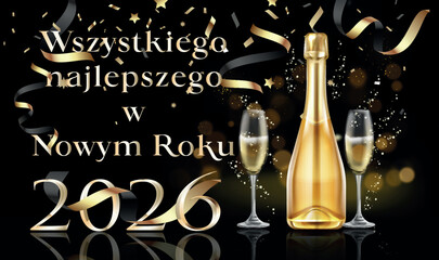kartka lub baner z życzeniami szczęśliwego Nowego Roku 2026 w kolorze złotym z butelką i dwoma kieliszkami do szampana na czarnym tle z rozmytymi okręgami i serpentynami © emmanuel