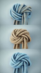 Elegant blue and beige knotted scarves arranged on a calming blue background, ideal for winter fashion and cozy accessories promotion, combining style, comfort, and seasonal charm in a perfect