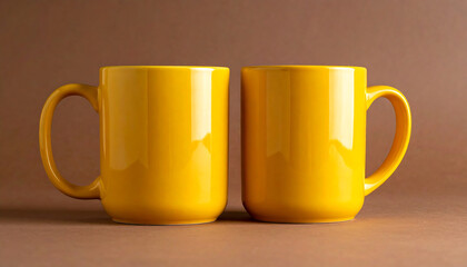 "Two identical yellow ceramic mugs with glossy finish and outward-facing handles—symmetrically placed against a brown background, evoking warmth, simplicity, and vibrant contrast in minimalist composi