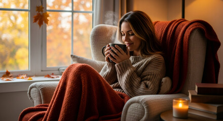 Woman enjoying hot beverage in cozy armchair, autumn season warmth concept. Relaxing at home during fall.	
