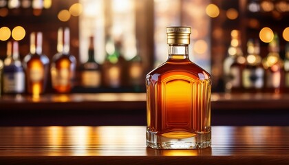 amber liquor bottle on bar counter