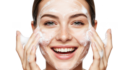 A woman with freckles joyfully washes her face with white foam, emphasizing clean and fresh skin isolated on transparent background
