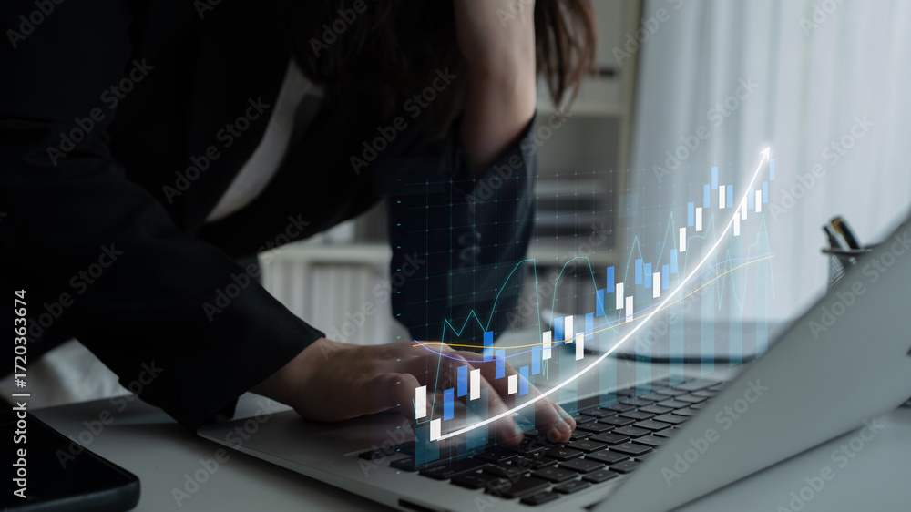 Aufkleber a business person focuses on data analysis with a laptop in a modern office while visualizing stock 