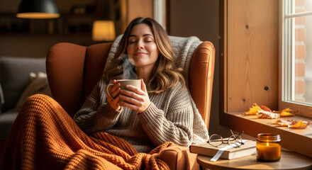 Obraz premium Woman enjoying hot beverage in cozy armchair, autumn season warmth concept. Relaxing at home during fall. 