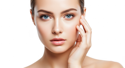 A beautiful young woman with striking blue eyes and flawless skin touches her cheek isolated on transparent background