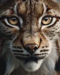 Fototapeta premium Hyper realistic close up of lynx face with tufted ears spotted fur and piercing golden eyes in sharp wildlife detail