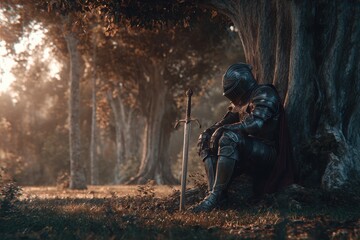 Naklejka premium A knight in full armor resting peacefully under a grand tree, with his sword lying nearby