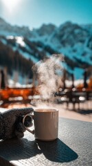 Amidst snowy mountains, a warm coffee break unfolds as a hand holds a mug, evoking comfort and warmth in cold winter surroundings. The mountain backdrop enhances the peaceful, scenic atmosphere