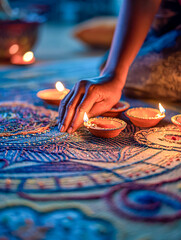 Hands Arranging Diyas on a Diwali Rangoli