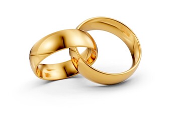 Golden wedding rings. 3d gold illustration for Valentines day. Symbols of love and fidelity. Male and female ring interlocked with each other