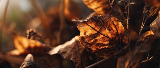 Closeup of a dried Physalis alkekengi leaf in warm sunlight, showcasing intricate details and textures Concept of autumn, natures decay, and the beauty of seasonal change