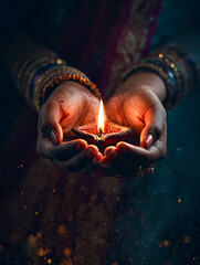 Hands Arranging Diyas on a Diwali Rangoli