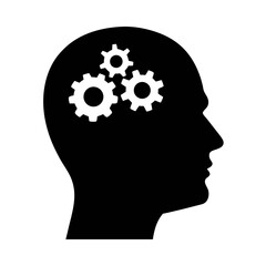 Human head silhouette with gears inside representing thinking process and intelligence