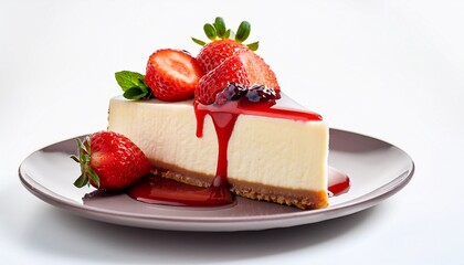 delicious cheesecake slice topped with vibrant strawberries and berry sauce perfect for desserts and sweet treats white background