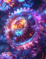 Abstract digital gears, vibrant colors, glowing light