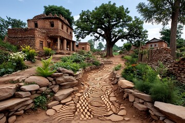 Rural beauty with artistic stone walkway high resolution picture