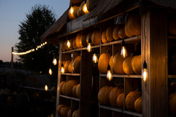Atmospheric autumn evening with pumpkin house, illuminated by warm glowing string lights and vintage bulbs. Cozy seasonal mood for fall, harvest, farmers markets, Halloween Thanksgiving themes.