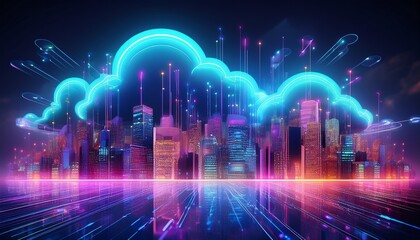 neon cityscape illuminated cloud computing data centers