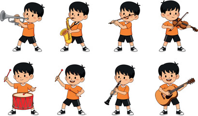 PrintCartoon children playing musical instruments set – trumpet, saxophone, flute, violin, drums, tambourine, clarinet, guitar – isolated vector illustration
