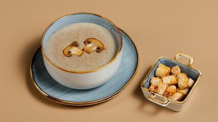 Mushrooms soup bowl with crackers 