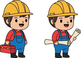 Cartoon construction workers in hard hats holding toolbox and blueprints, engineering teamwork concept for building, architecture, and labor industry