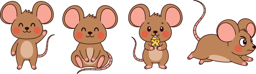 Cartoon mice in various poses and emotions, cute animal characters for children’s books, education, storytelling, and playful design themes