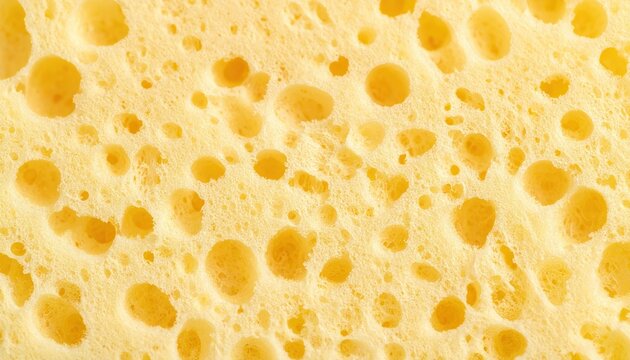 A close-up of a porous yellow sponge with many holes and a natural, uneven texture. Concept of cleaning and abstract texture