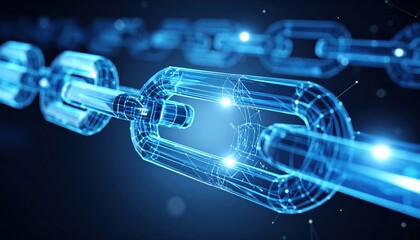 A glowing digital chain with interconnected links, with rays of light passing through the links on a dark background. The concept of blockchain, cryptocurrency and digital security
