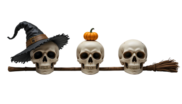 Halloween Skull Trio PNG Transparent Witch Hat Pumpkin Broomstick Illustration