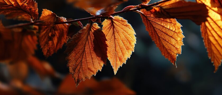 Closeup of vibrant copper beech leaves on a branch in autumn sunlight, showcasing intricate leaf veins and warm fall colors in a natural outdoor setting