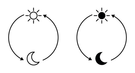 Day and night cycle icon with sun and moon, time concept with arrows, daily routine symbol, day change illustration, simple black and white pictogram for schedule, calendar and nature design elements © Mirikiteki