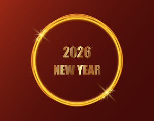 Red background with gold lettering reading New Year 2026 in a gold circle. Neon gold glow on a red background.